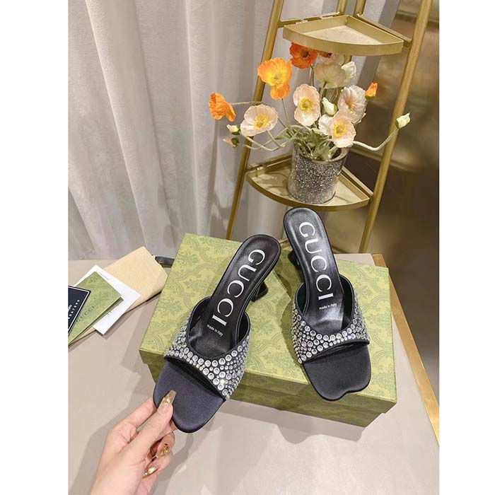 G*u*i women gg slide sandal crystals black silk satin mid 6 cm heel