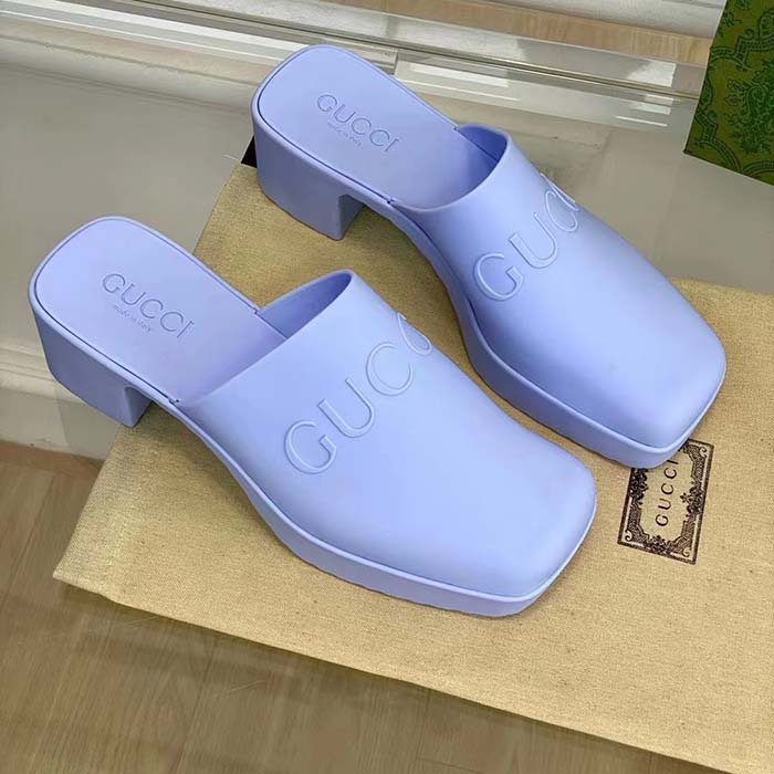 G*u*i women gg slip-on sandal pastel blue rubber embossed logo square toe chevron