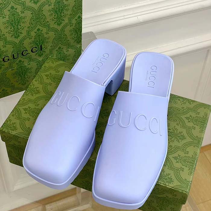 G*u*i women gg slip-on sandal pastel blue rubber embossed logo square toe chevron