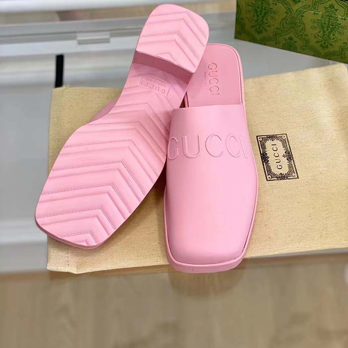 G*u*i women gg slip-on sandal pink rubber embossed logo square toe chevron