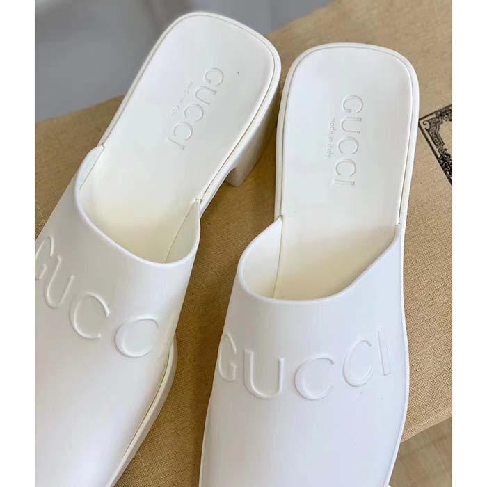 G*u*i women gg slip-on sandal white rubber embossed logo square toe chevron