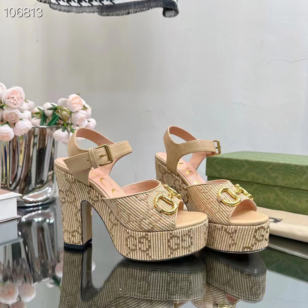 G*u*i women horsebit platform sandal natural gg raffia high 12 cm heel