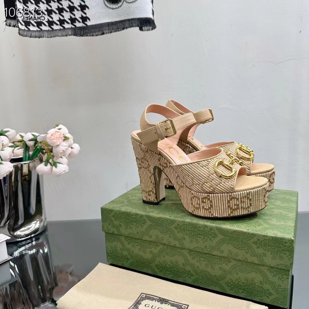 G*u*i women horsebit platform sandal natural gg raffia high 12 cm heel