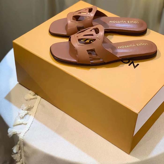Louis Vuitton LV Unisex Isola Flat Mule Cognac Brown Calf Leather Circle Signature
