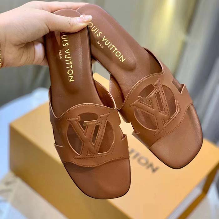 Louis Vuitton LV Unisex Isola Flat Mule Cognac Brown Calf Leather Circle Signature