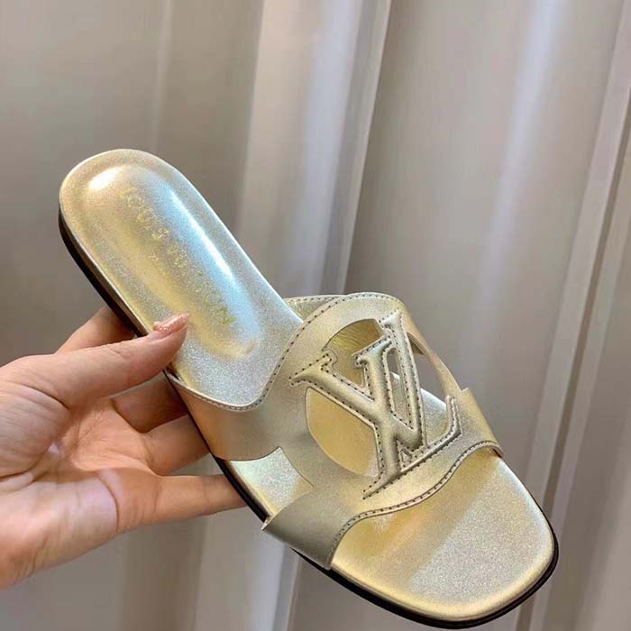 Louis Vuitton LV Unisex Isola Flat Mule Gold Metallic Lamb Leather Circle Signature
