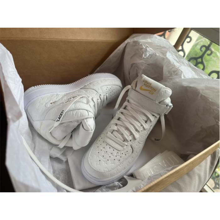 Louis Vuitton LV Unisex Nike Air Force 1 Sneaker Monogram Embossed White Calf Leather