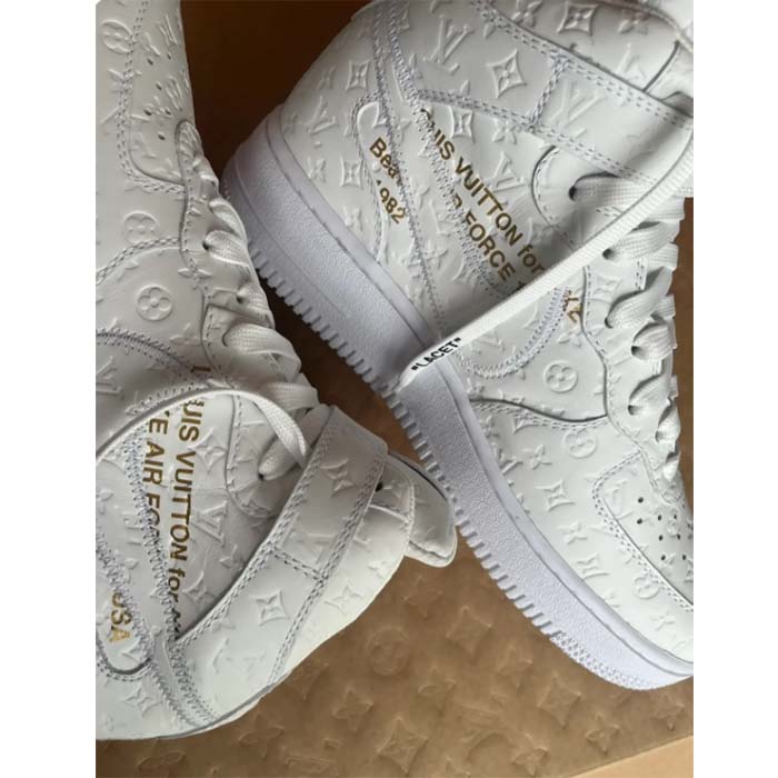 Louis Vuitton LV Unisex Nike Air Force 1 Sneaker Monogram Embossed White Calf Leather