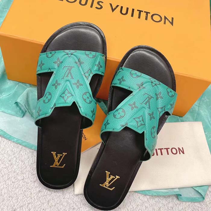Louis Vuitton LV Unisex Oasis Mule Eclipse Green Monogram Grained Calf Leather Rubber