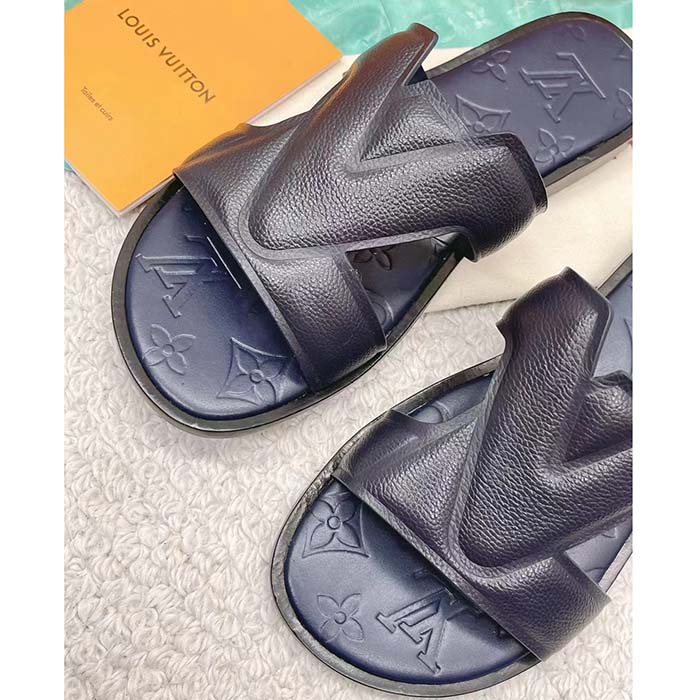 Louis Vuitton LV Unisex Oasis Mule Navy Blue Grained Calf Leather Rubber Outsole