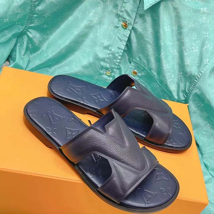Louis Vuitton LV Unisex Oasis Mule Navy Blue Grained Calf Leather Rubber Outsole