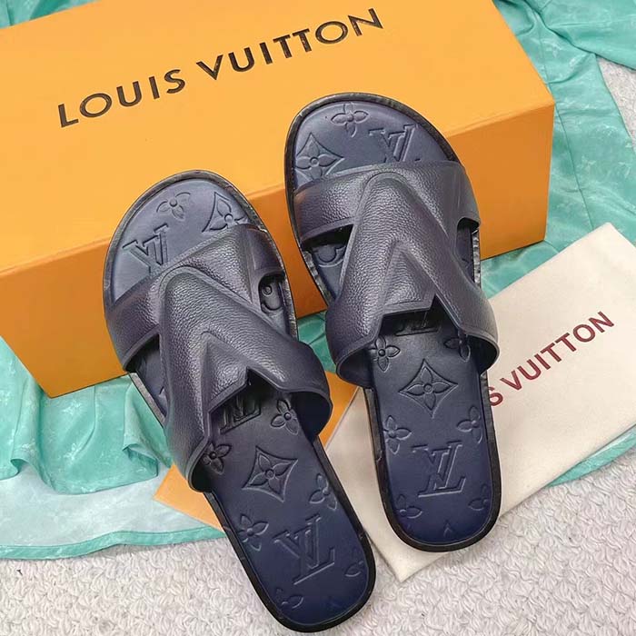 Louis Vuitton LV Unisex Oasis Mule Navy Blue Grained Calf Leather Rubber Outsole
