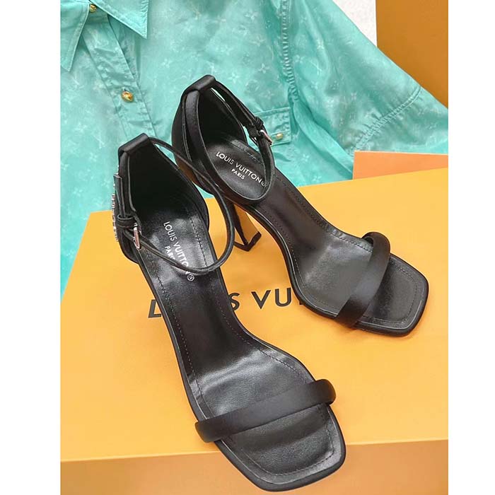 Louis Vuitton LV Women Sparkle Sandal Black Lambskin Leather Outsole 9.5 Cm Heel