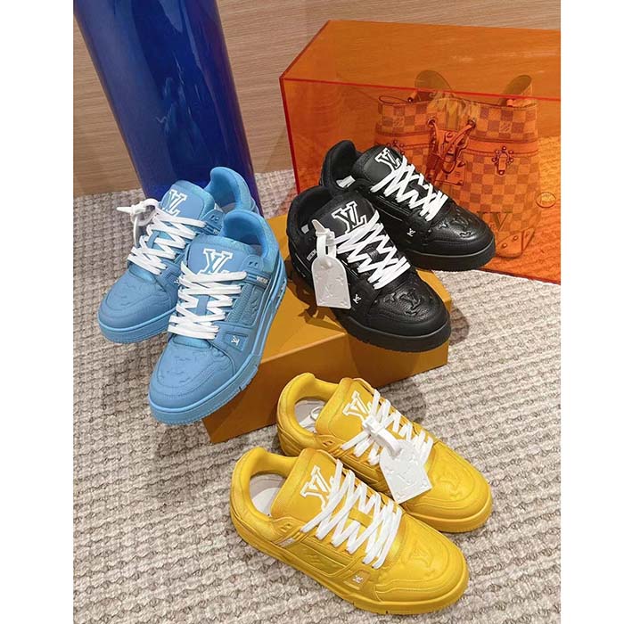 Louis Vuitton Unisex LV Trainer Sneaker Blue Monogram-Embossed Grained Calf Leather
