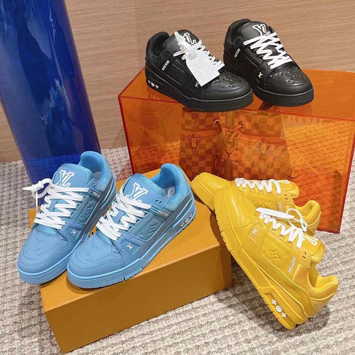 Louis Vuitton Unisex LV Trainer Sneaker Blue Monogram-Embossed Grained Calf Leather