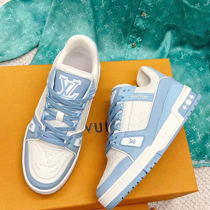 Louis Vuitton Unisex LV Trainer Sneaker Blue Mix of Materials Rubber Monogram Flowers