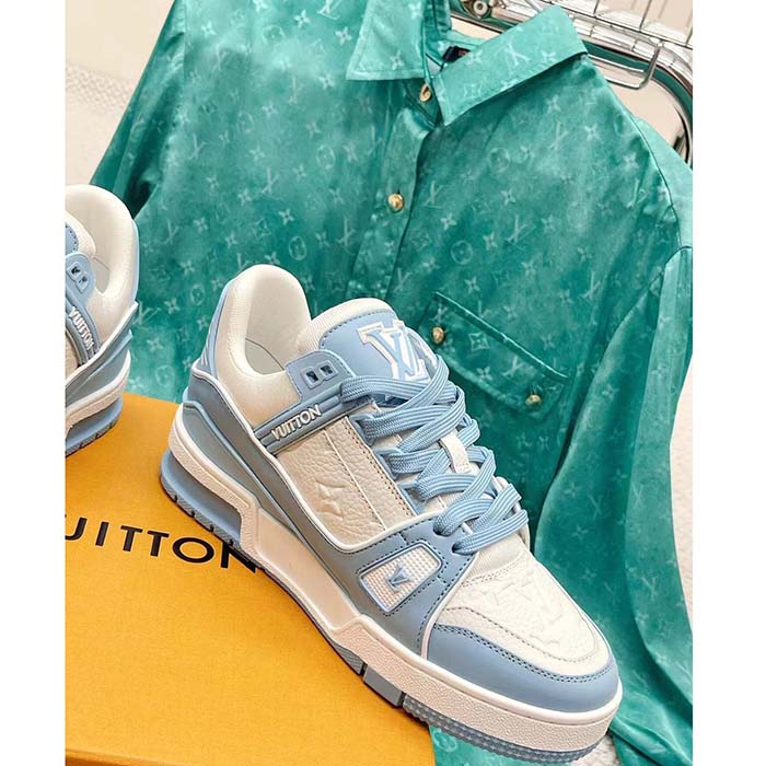 Louis Vuitton Unisex LV Trainer Sneaker Blue Mix of Materials Rubber Monogram Flowers