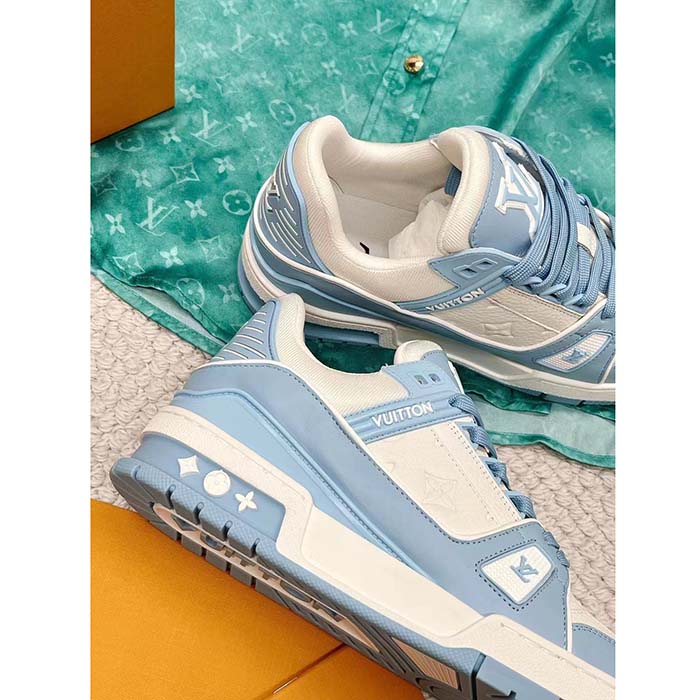 Louis Vuitton Unisex LV Trainer Sneaker Blue Mix of Materials Rubber Monogram Flowers
