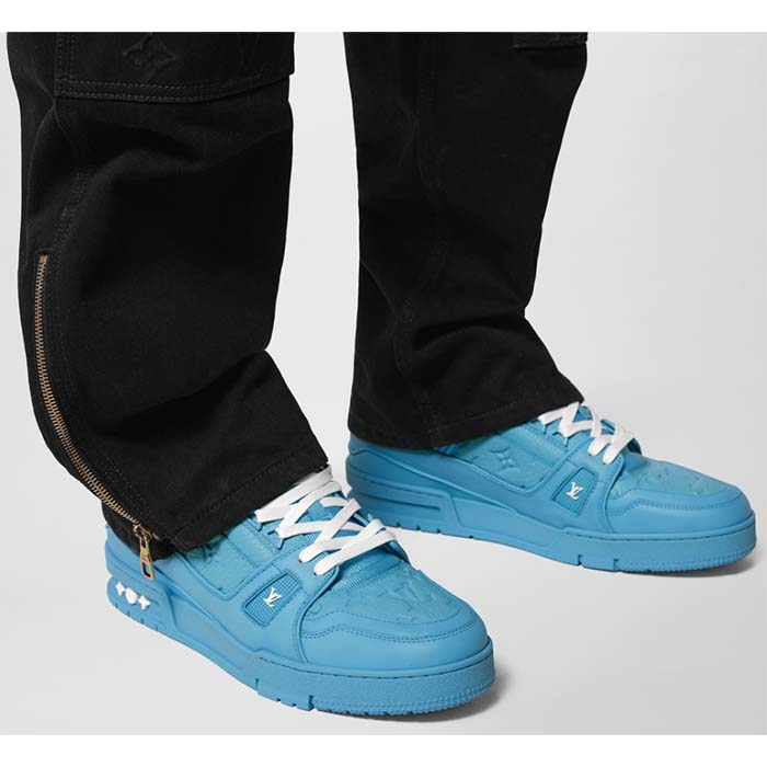 Louis Vuitton Unisex LV Trainer Sneaker Blue Monogram-Embossed Grained Calf Leather