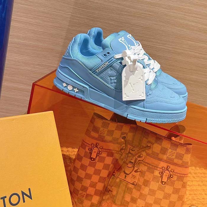 Louis Vuitton Unisex LV Trainer Sneaker Blue Monogram-Embossed Grained Calf Leather