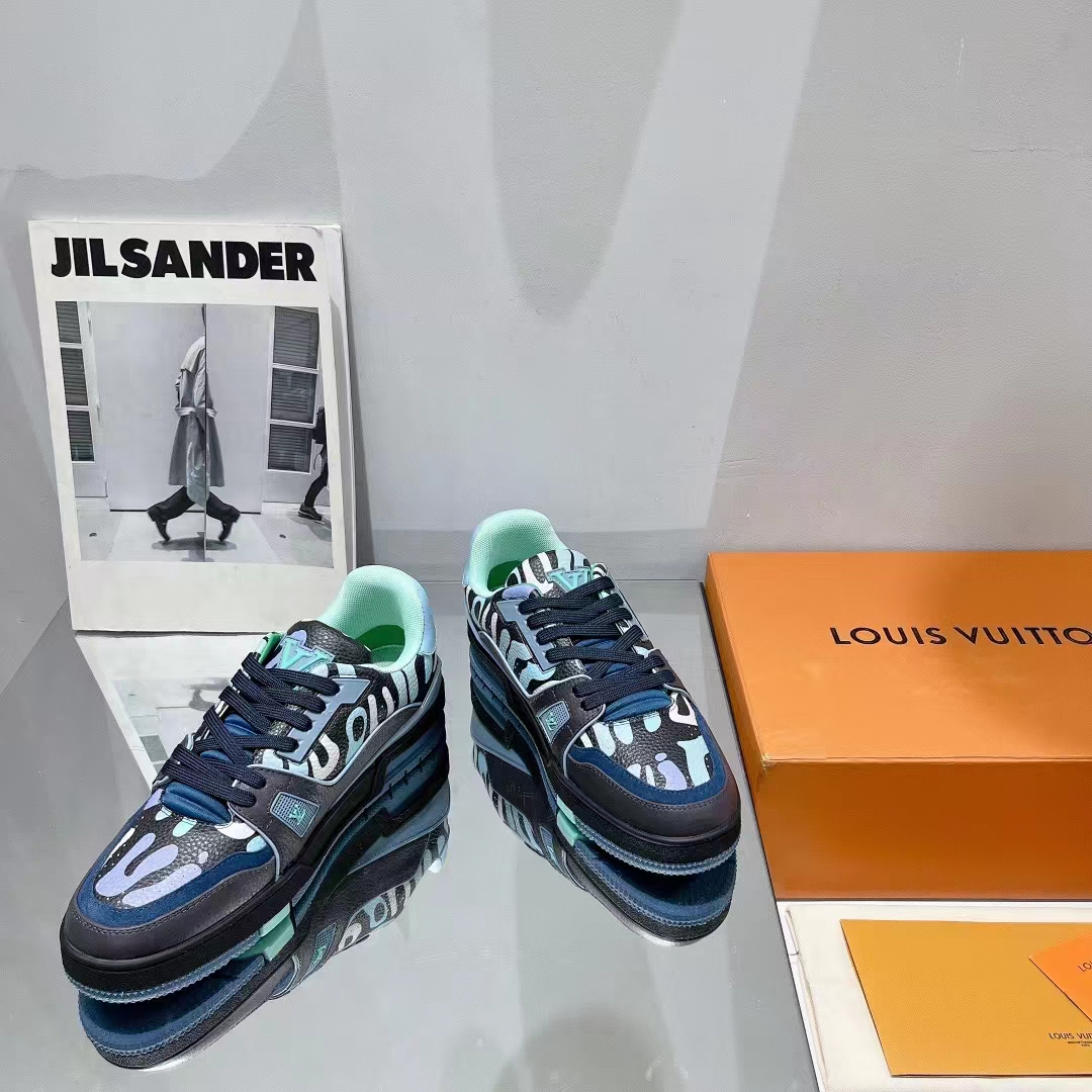 Louis Vuitton Unisex LV x YK LV Trainer Sneaker Navy Blue Camouflage-Printed Canvas Grained Calf