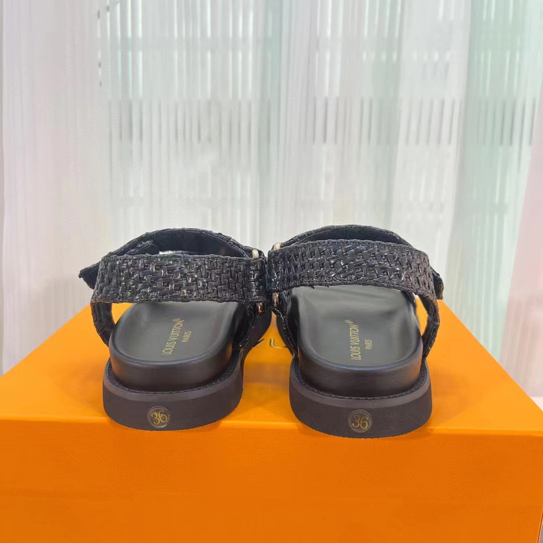 Louis Vuitton Women LV Sunset Flat Comfort Sandal Black Raffia Micro Outsole