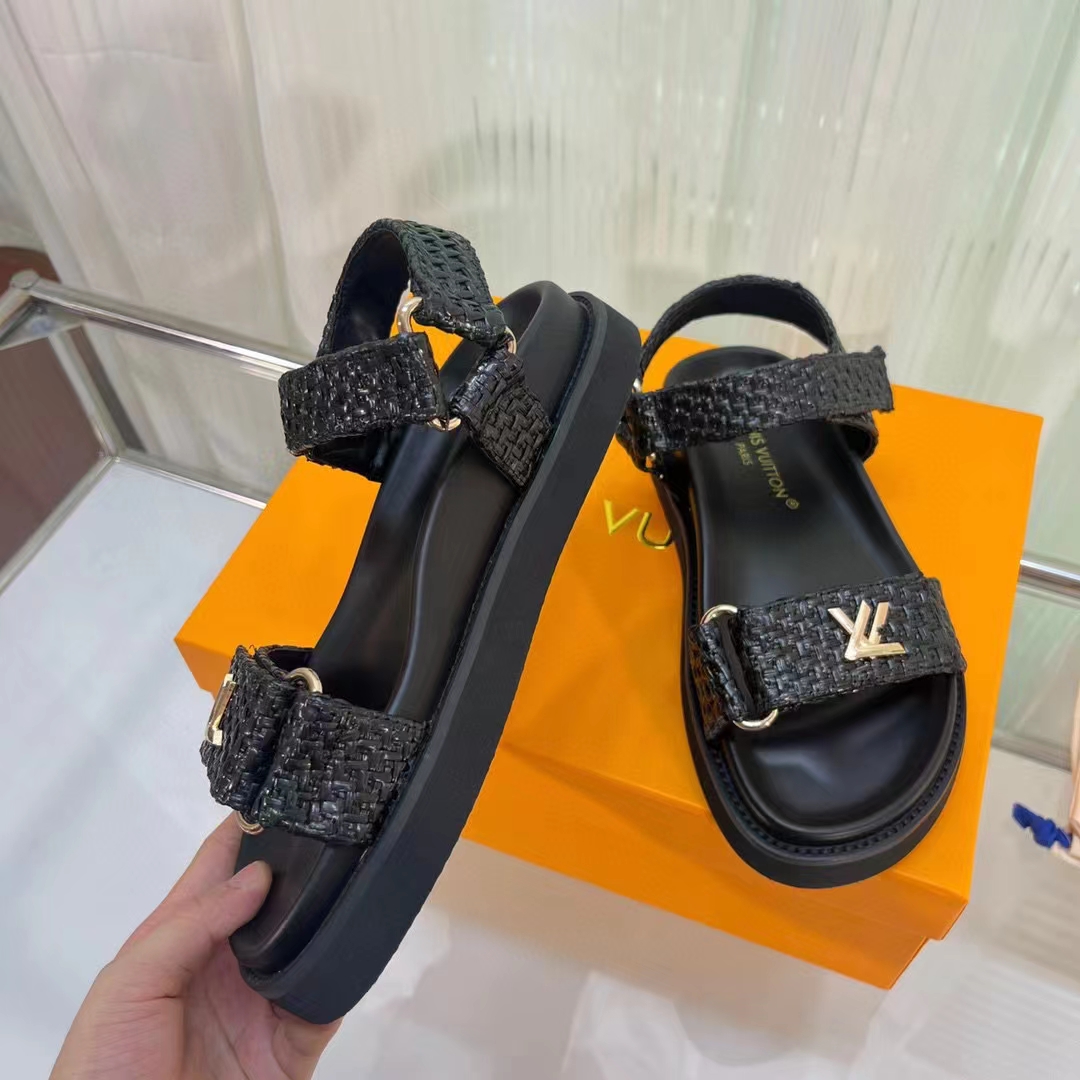 Louis Vuitton Women LV Sunset Flat Comfort Sandal Black Raffia Micro Outsole