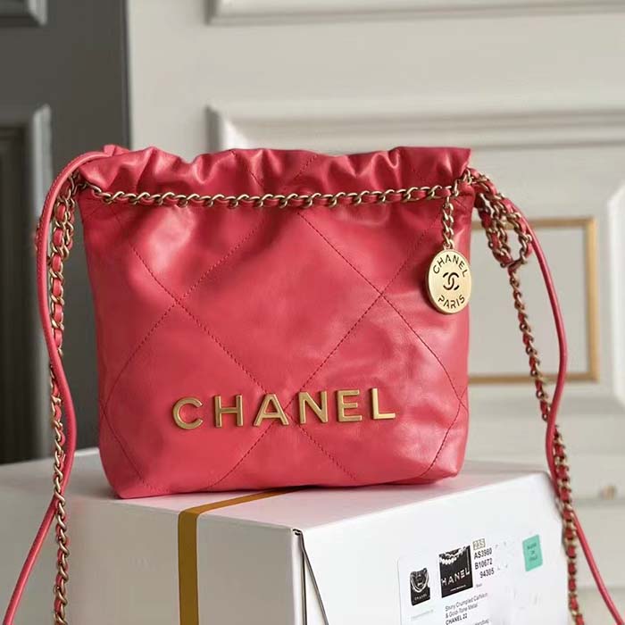 Chanel Women CC 22 Mini Handbag Shiny Calfskin Gold-Tone Metal Coral