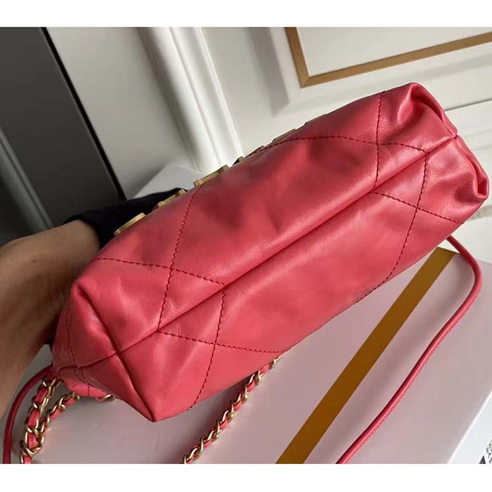 Chanel Women CC 22 Mini Handbag Shiny Calfskin Gold-Tone Metal Coral