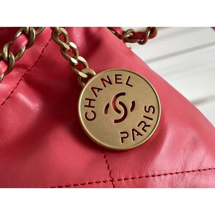 Chanel Women CC 22 Mini Handbag Shiny Calfskin Gold-Tone Metal Coral