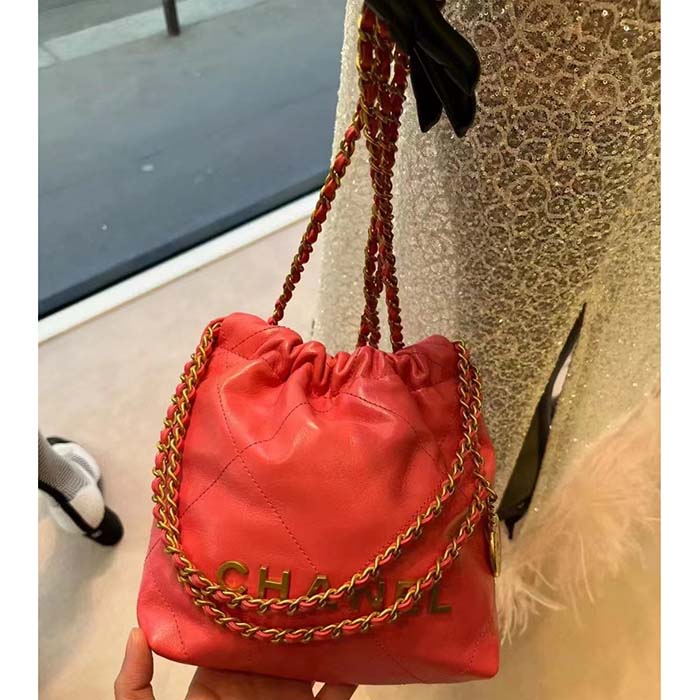 Chanel Women CC 22 Mini Handbag Shiny Calfskin Gold-Tone Metal Coral