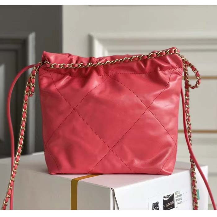 Chanel Women CC 22 Mini Handbag Shiny Calfskin Gold-Tone Metal Coral