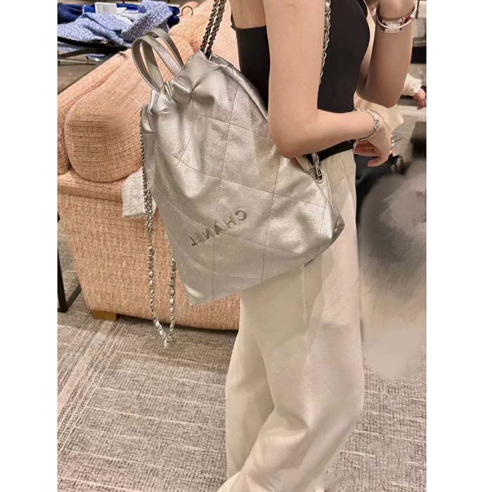 Chanel Women CC Large Back Pack Chanel 22 Handbag Metallic Calfskin Silver-Tone Metal