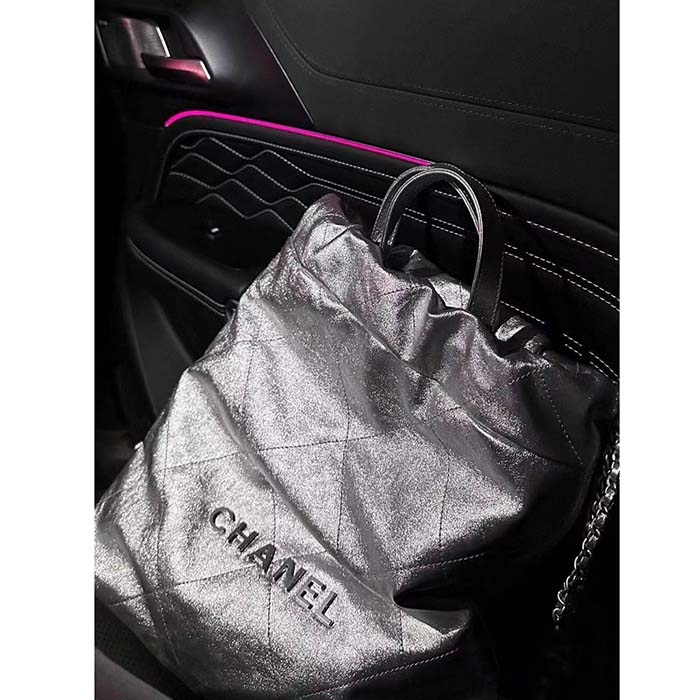 Chanel Women CC Large Back Pack Chanel 22 Handbag Metallic Calfskin Silver-Tone Metal