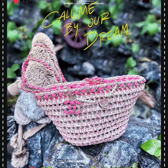 Chanel Women CC Small Shopping Bag Crochet Mixed Fibers Calfskin Beige Pink
