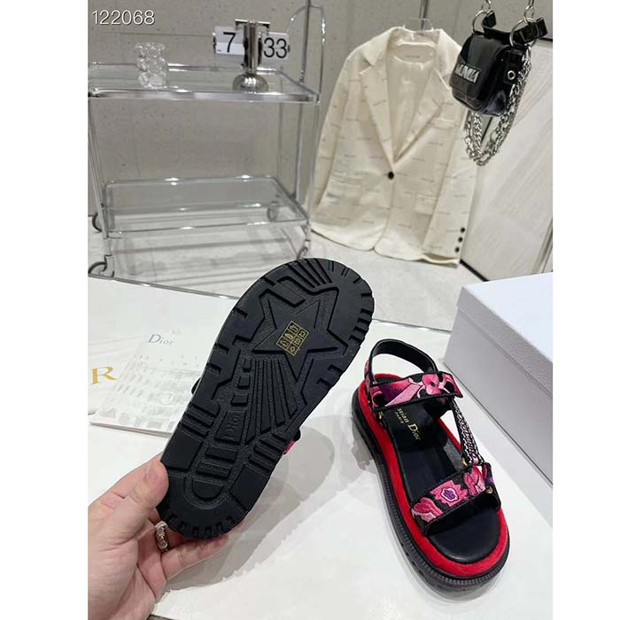 Dior Women CD D-Wave Sandal Indy Pink Multicolor Cotton Jardin Indien Embroidery
