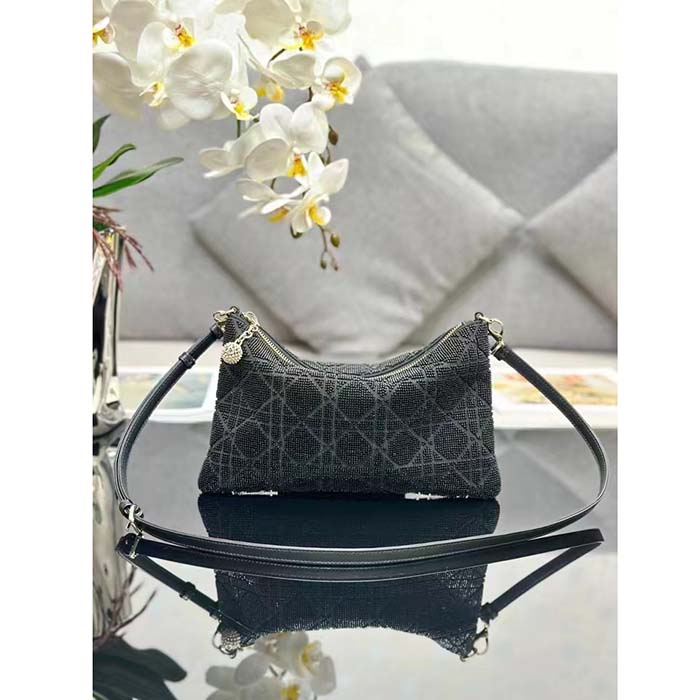Dior Women CD Dior Dream Bag Black Cannage Cotton Bead Embroidery