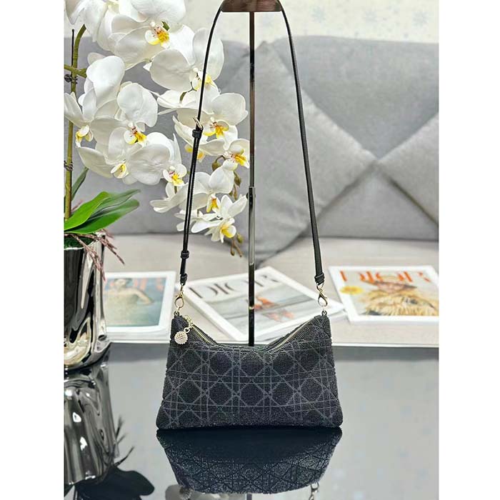 Dior Women CD Dior Dream Bag Black Cannage Cotton Bead Embroidery