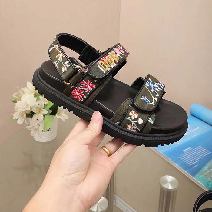 Dior Women CD Dioract Sandal Black Multicolor Technical Fabric Embroidered Petites Fleurs Motif
