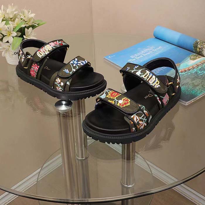 Dior Women CD Dioract Sandal Black Multicolor Technical Fabric Embroidered Petites Fleurs Motif