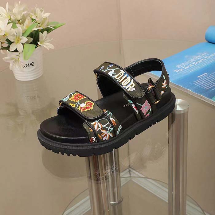 Dior Women CD Dioract Sandal Black Multicolor Technical Fabric Embroidered Petites Fleurs Motif