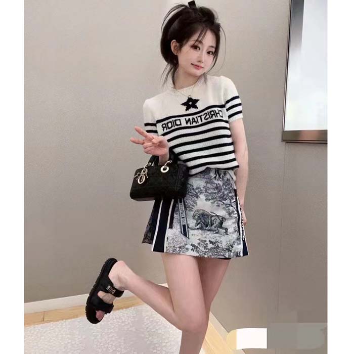 Dior Women CD Dioriviera Short Sleeved Sweater Marinière White Blue Cashmere Knit Signature