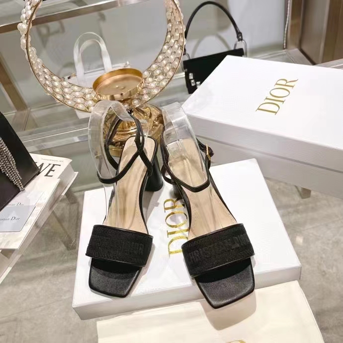 Dior Women CD Dway Heeled Sandal Black Embroidered Satin Lambskin 10 CM Heel