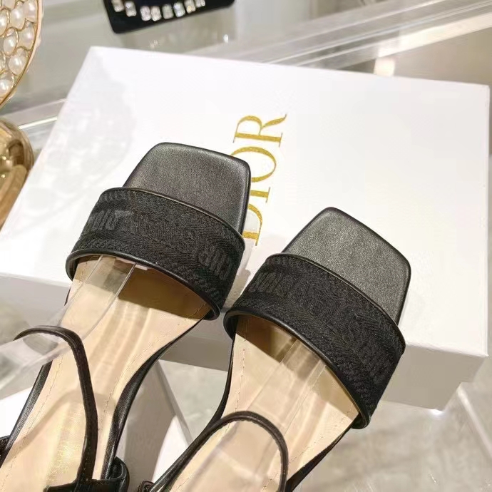 Dior Women CD Dway Heeled Sandal Black Embroidered Satin Lambskin 10 CM Heel