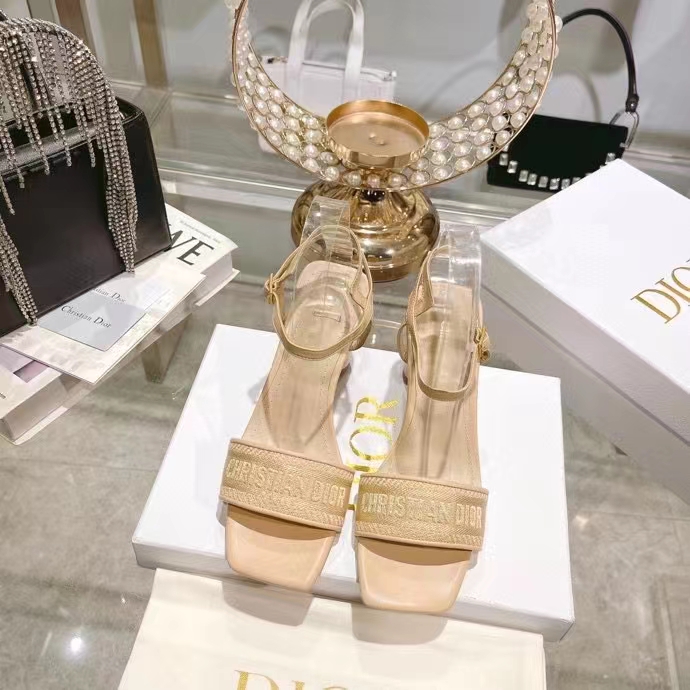 Dior Women CD Dway Heeled Sandal Nude Embroidered Satin Lambskin 10 CM Heel