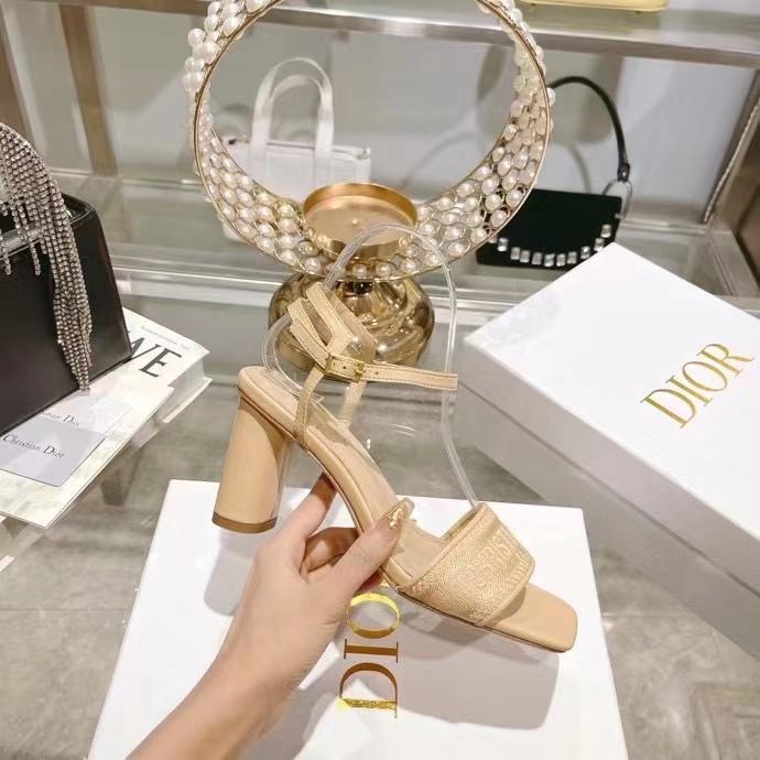 Dior Women CD Dway Heeled Sandal Nude Embroidered Satin Lambskin 10 CM Heel