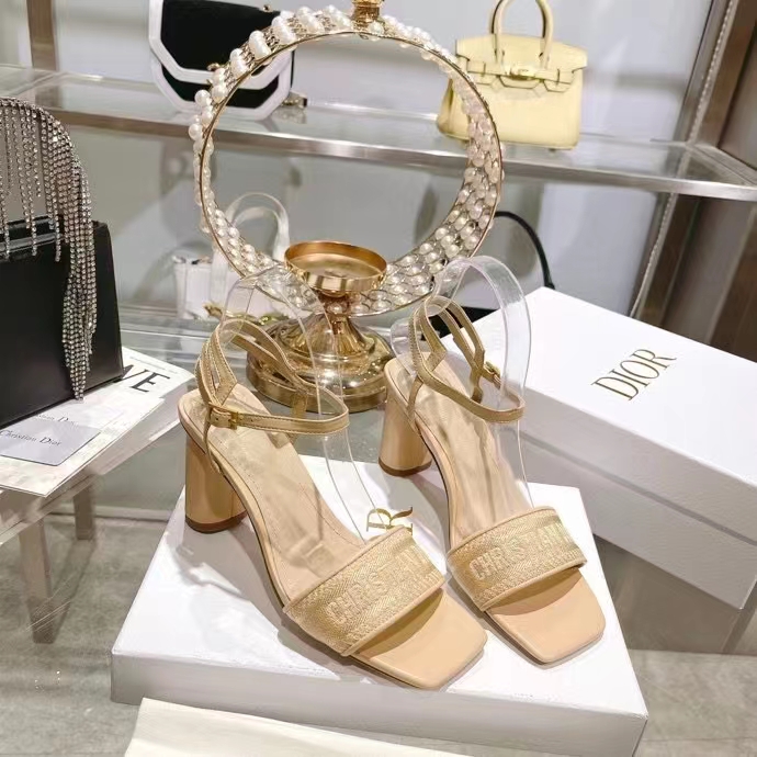 Dior Women CD Dway Heeled Sandal Nude Embroidered Satin Lambskin 10 CM Heel