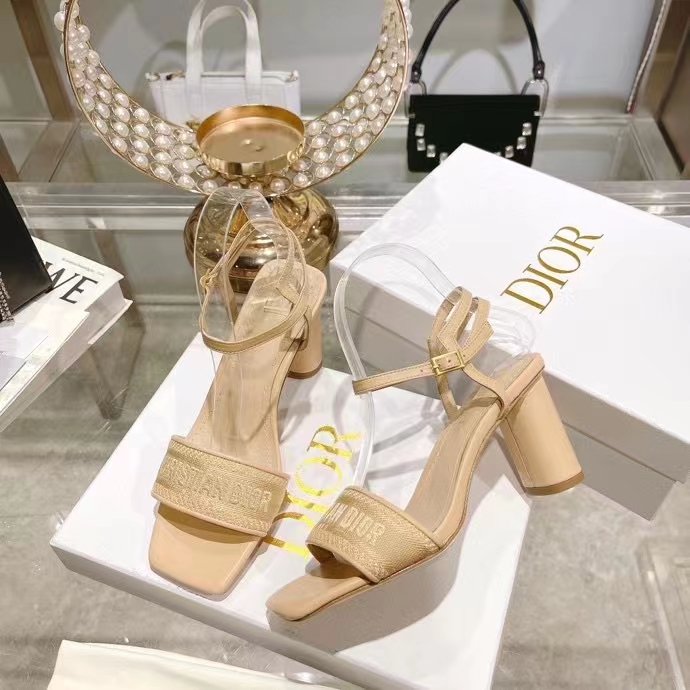 Dior Women CD Dway Heeled Sandal Nude Embroidered Satin Lambskin 10 CM Heel