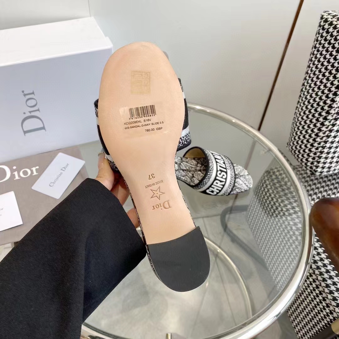 Dior Women CD Dway Heeled Slide White Black Embroidered Cotton Plan De Paris