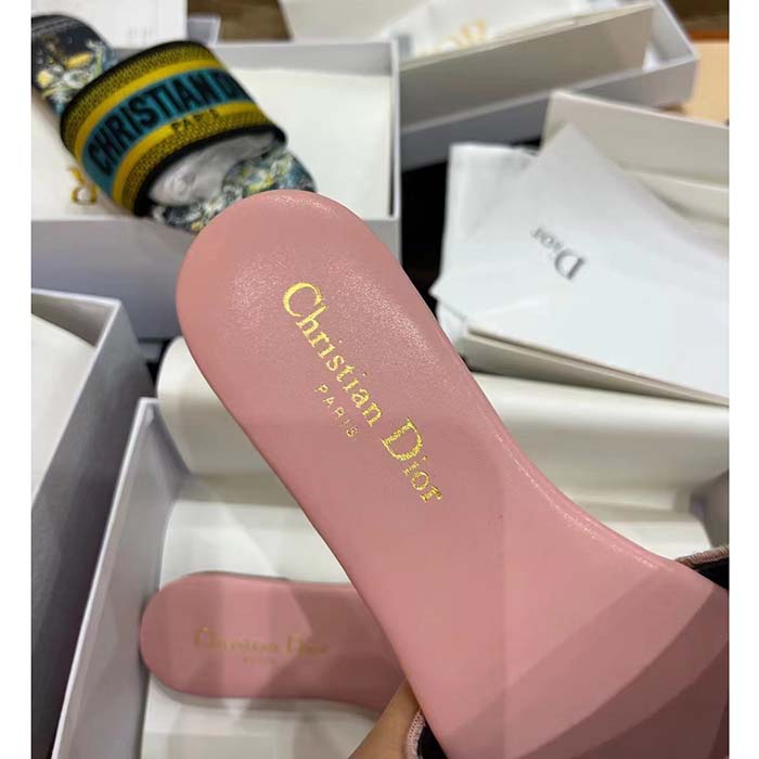 Dior Women CD Dway Slide Pink Cotton Embroidered Metallic Thread Strass